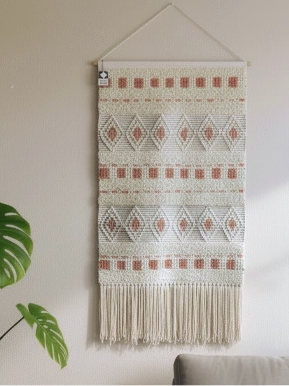 Handmade Cream Grey & Terracotta 31x55 inches, Boho Geometric Woven Tapestry
